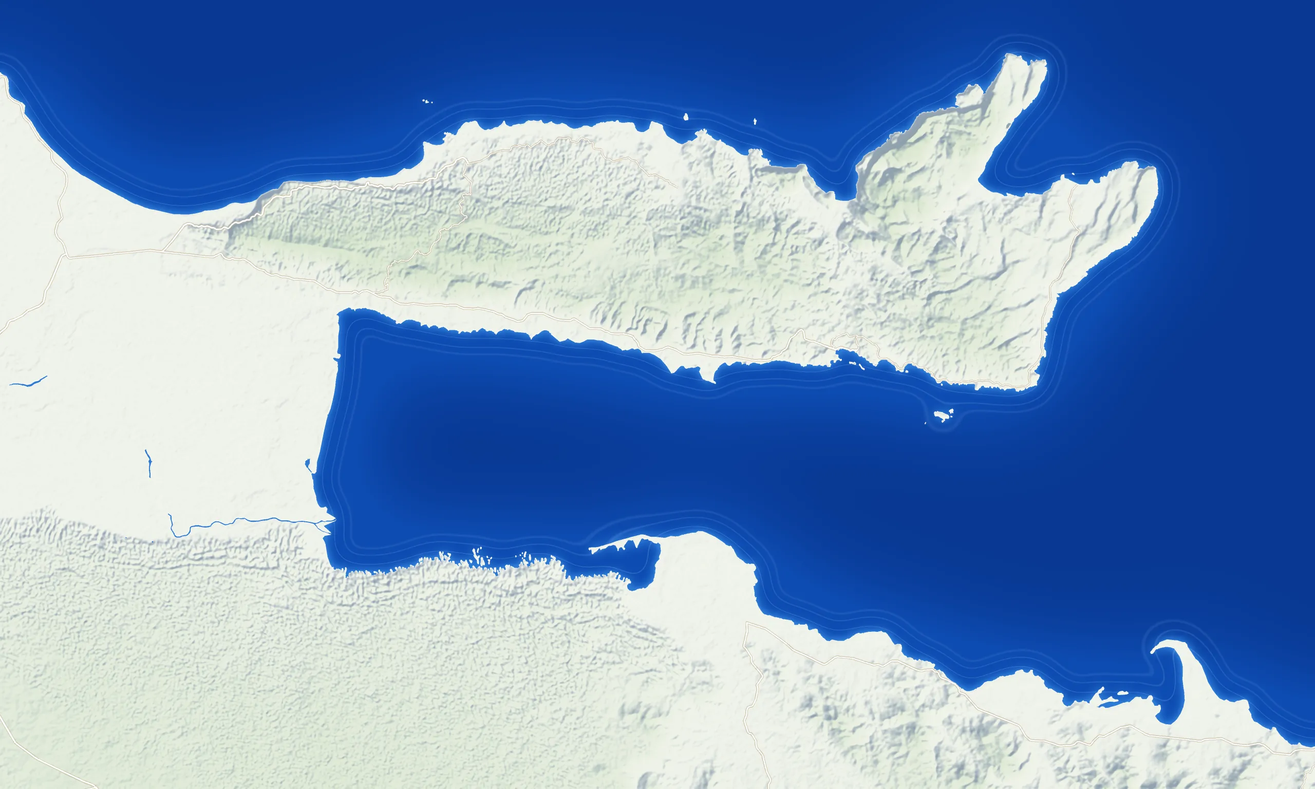 Map of the Samaná peninsula and Samaná Bay with shaded relief, drawn from OpenStreetMap and SRTM data, with Vista Mare marked east of Samaná town